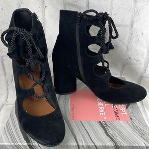 Jeffrey Campbell Zaun-Hi Black Suede Lace-Up Block Heel Round Toe Hi Ankle Pumps
